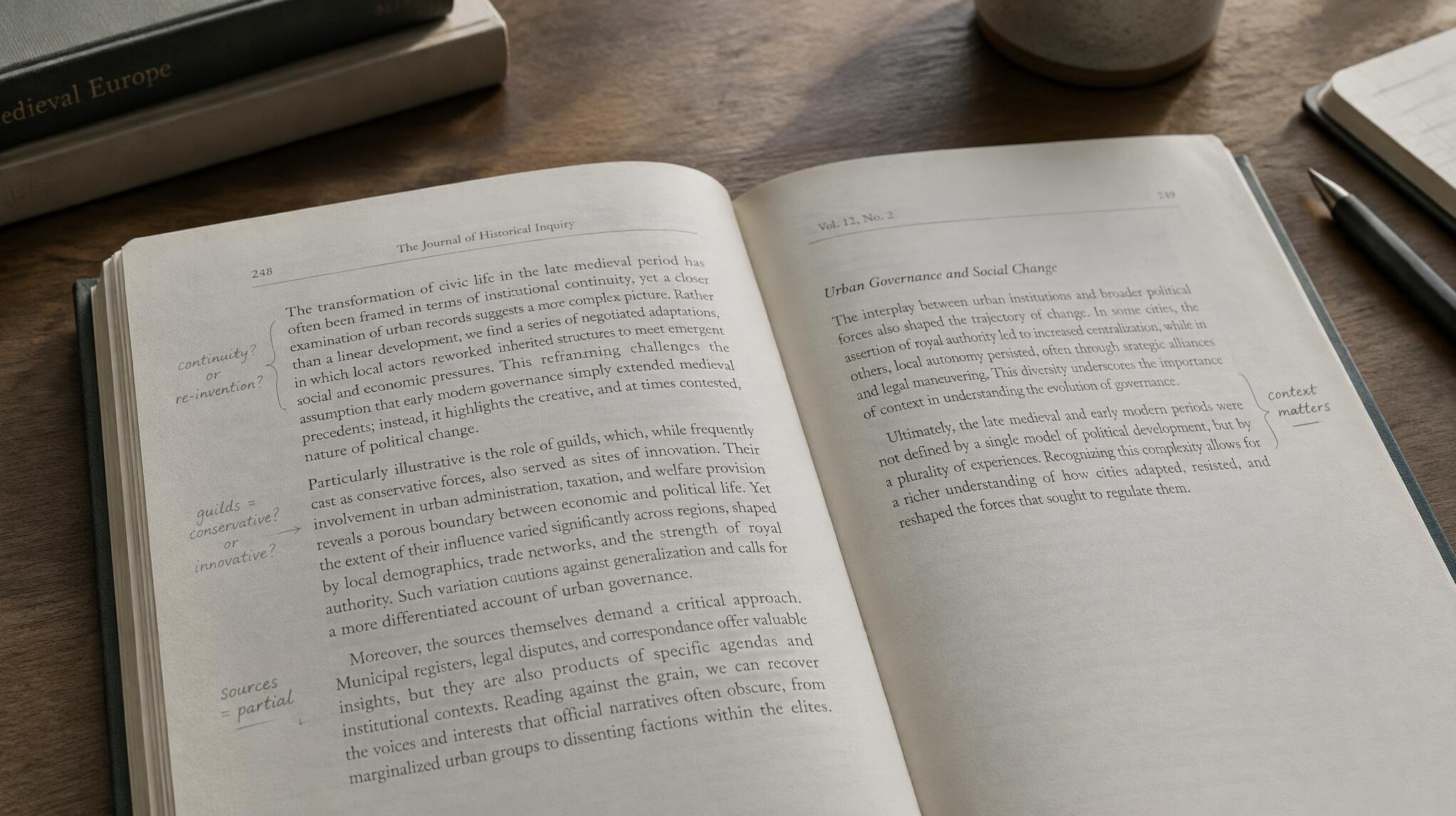 Open academic journal pages with annotations