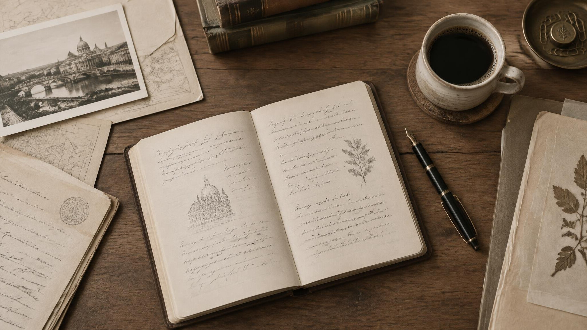 Research desk with open notebook and pen