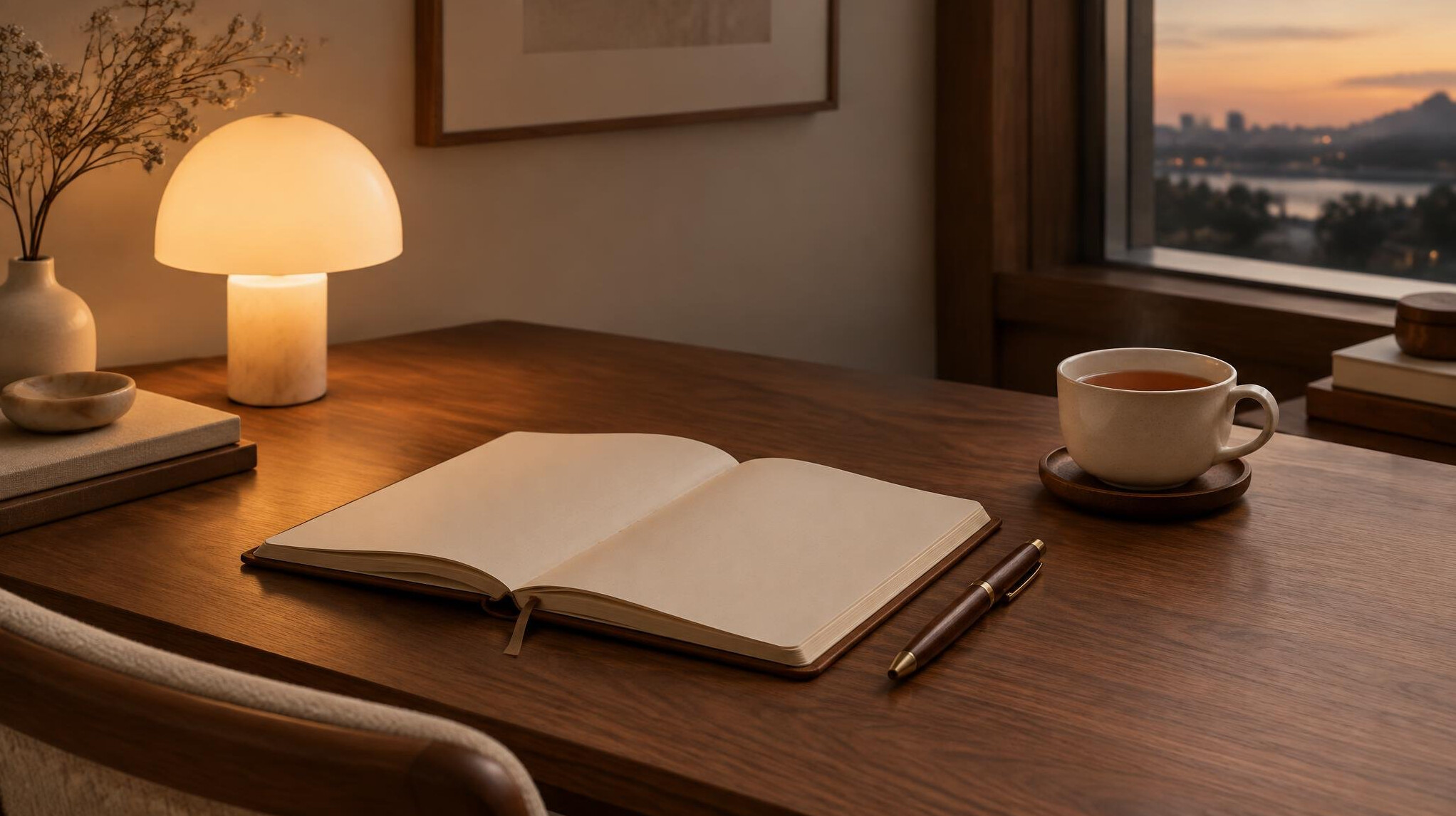 Quiet desk with notebook, pen and warm lamp light
