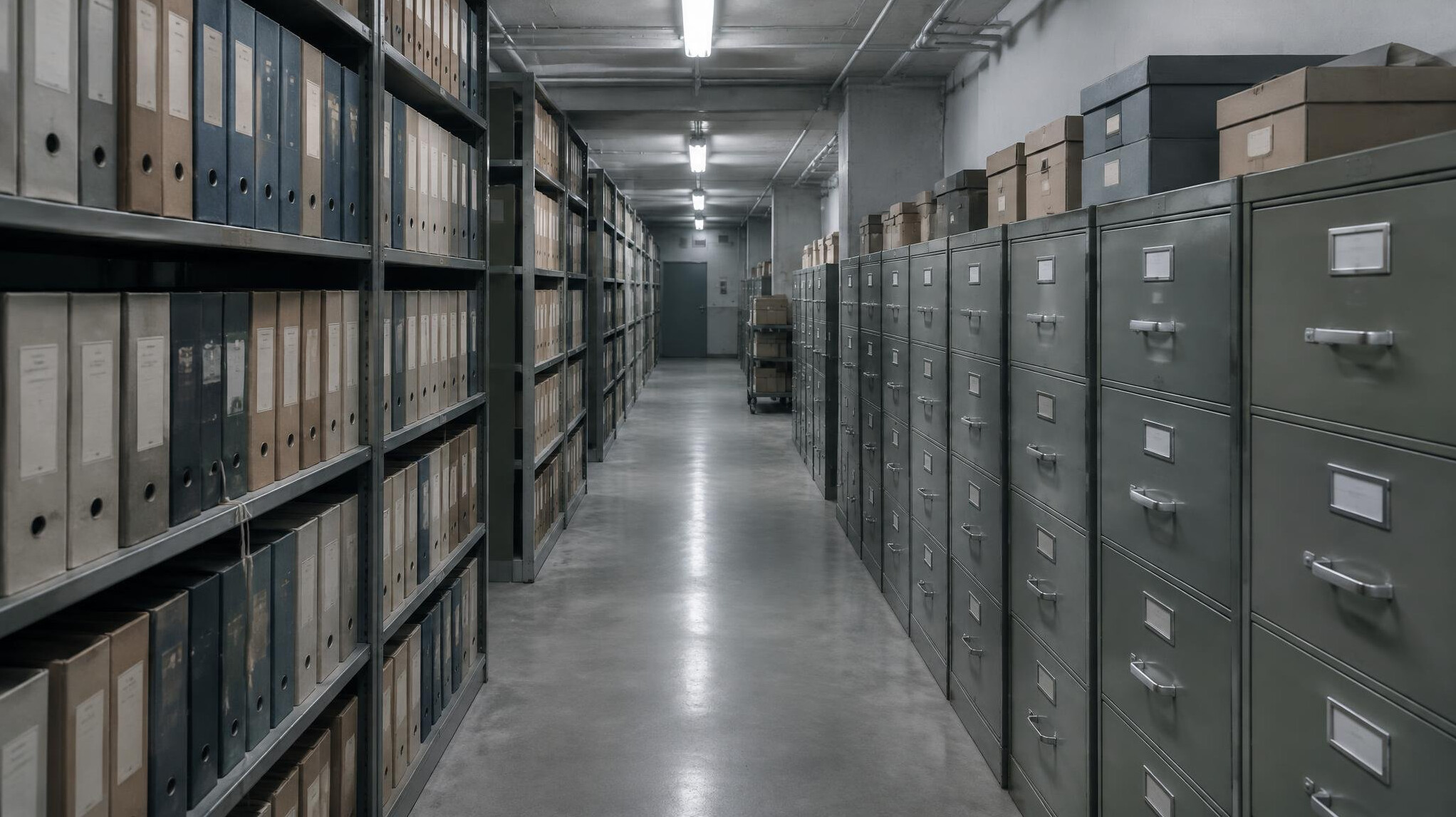 Rows of archival filing cabinets with folders