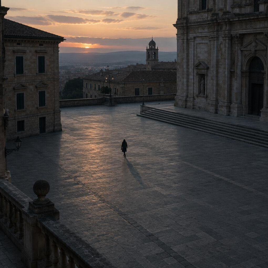 Distant anonymous figure crossing an empty plaza