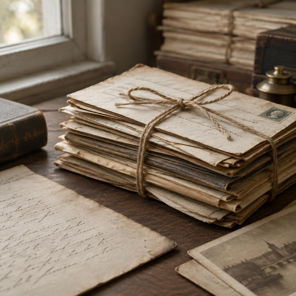 Stack of handwritten archival documents and letters