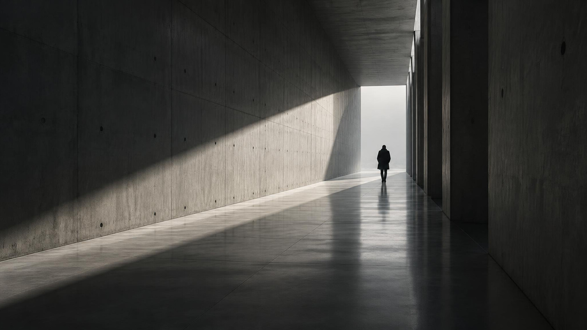 Long shadow of a person walking through a corridor
