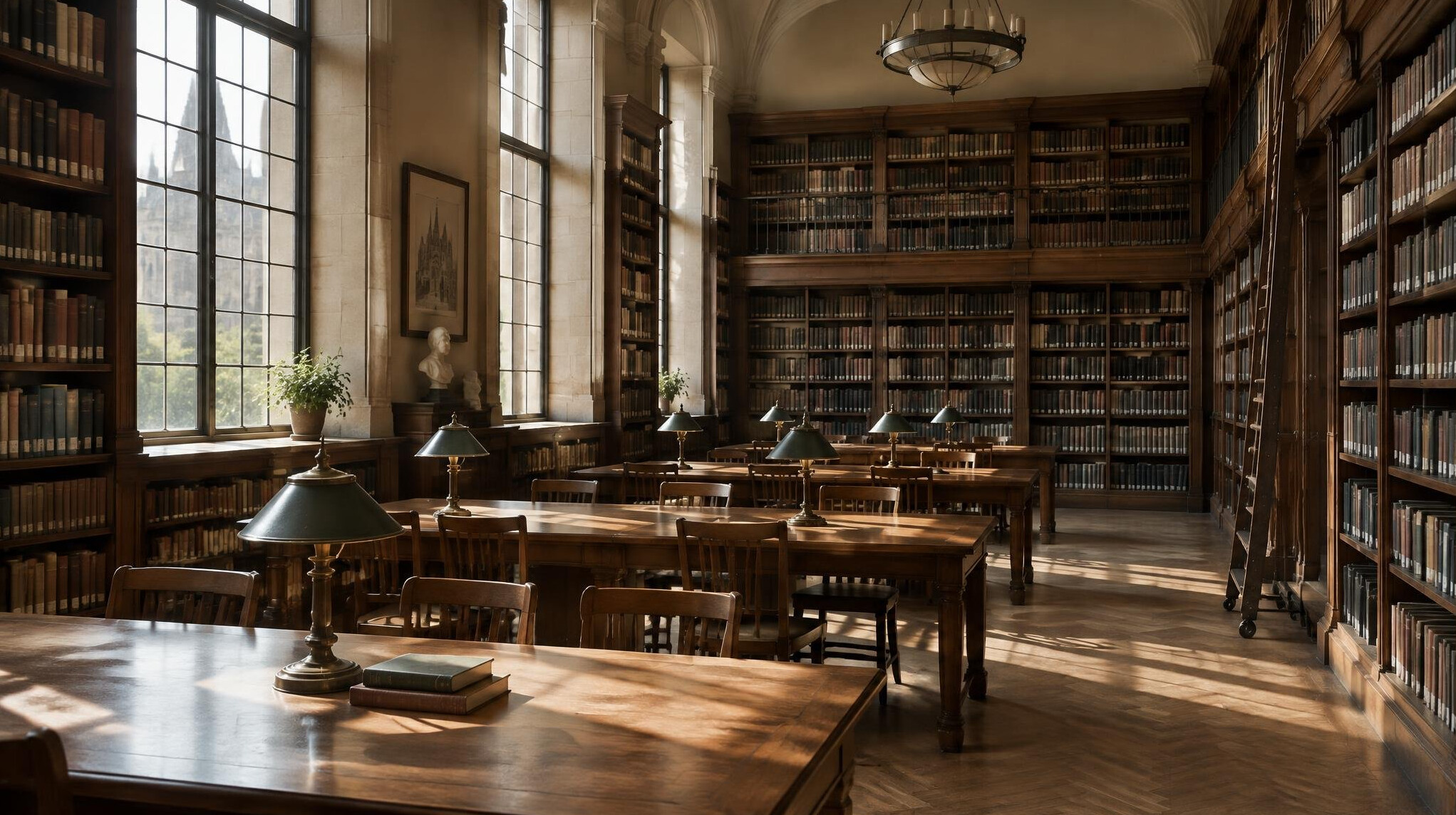 Empty reading room with rows of books and warm light