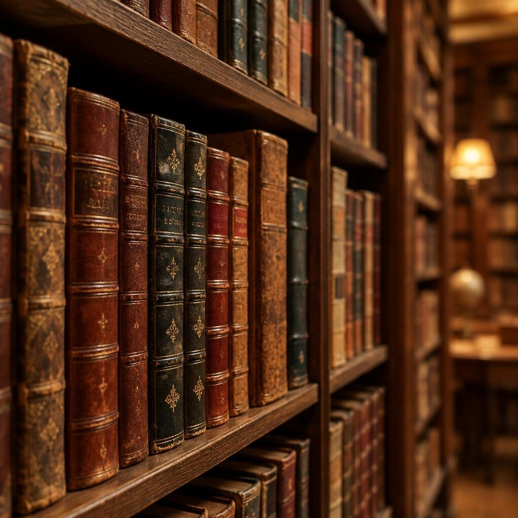 Close-up of library bookshelves with leather-bound books